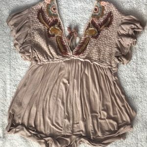 Tan embroidered freepeople ruffle top.